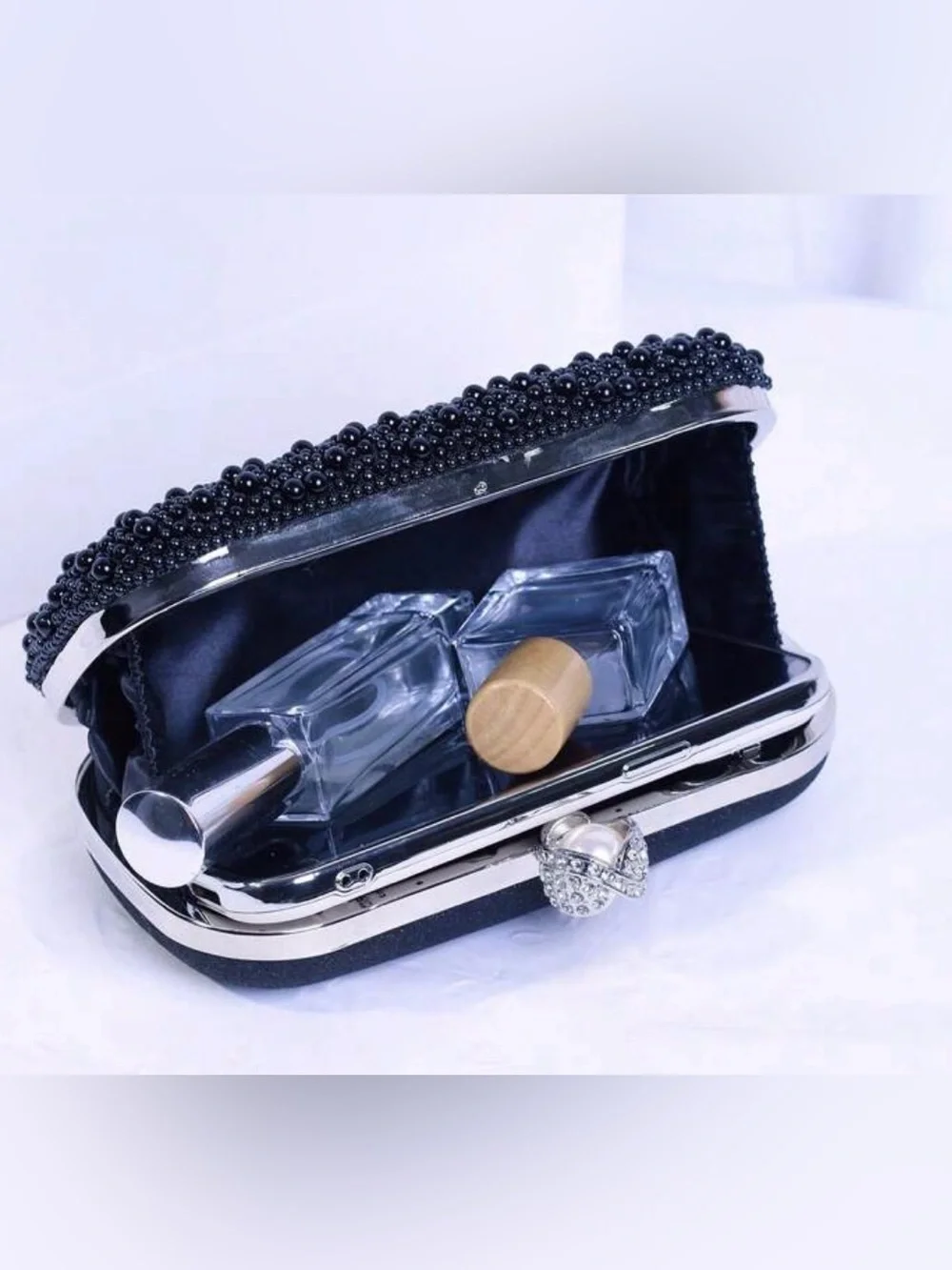 Pearl & Crystal Embellished Clutch - Black